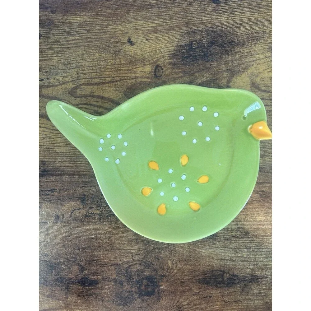 Pier 1 Imports Green Bird Ceramic Colander Trinket Dish Hand Painted Decor VTG